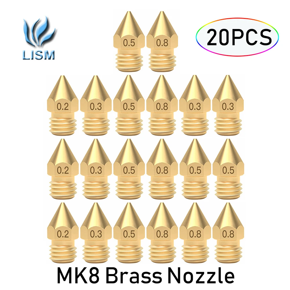

20Pcs MK8 Nozzles Brass Head Hotend Nozzle 0.2, 0.3, 0.4, 0.5, 0.6, 0.8, 1.0mm M6 Thread for Creality Ender 3/3 Pro/3 V2 Ender 5