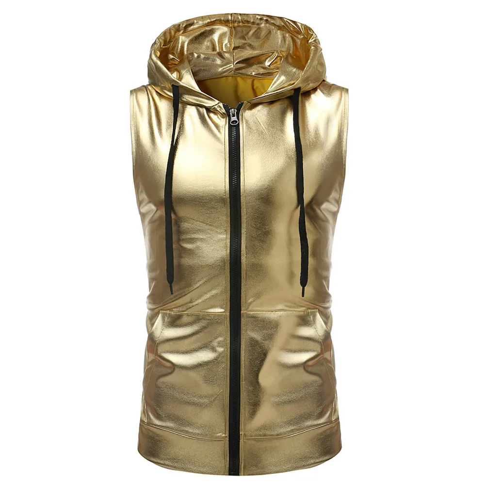 

Men's Metallic Tank Tops Hooded Nightclub Sleeveless T-shirt Vintage Party Stage T Shirt Faux Leather Zipper Vest Dance Clubwear