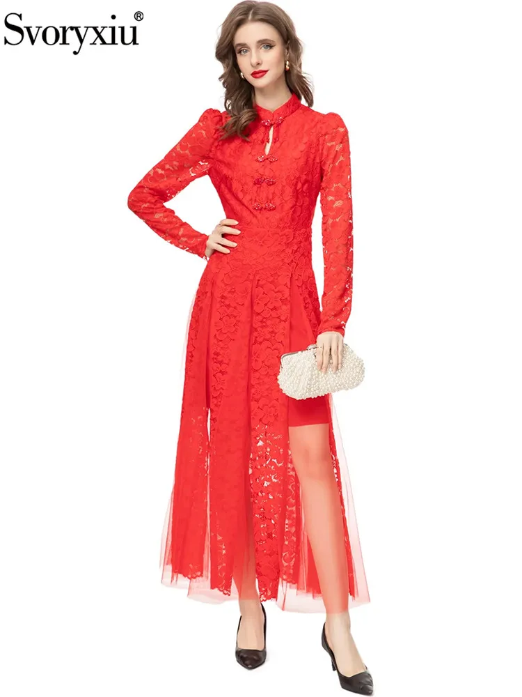 

Svoryxiu Fashion Designer Autumn Party Red Long Dress Women's Mandarin Collar Beading Disc Buckle High Waist Embroidery Dress