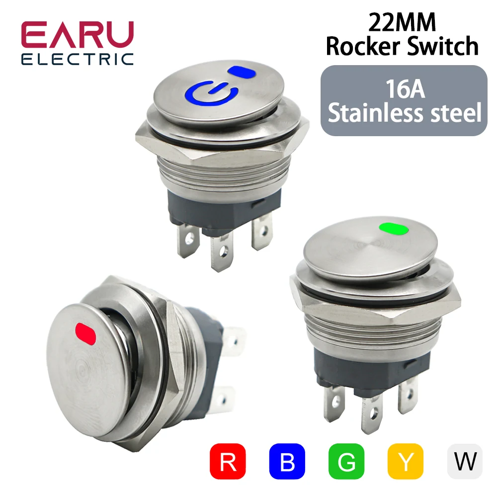 22mm-2NO-Metal-Button-Rocker-Switch-Stainless-Steel-12V-15A-Self ...