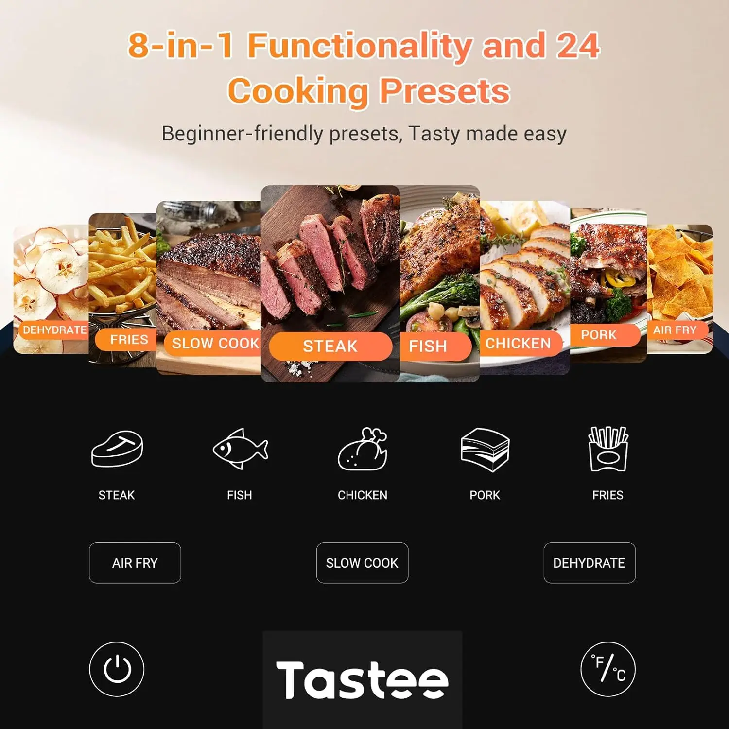 Air Fryer, 8-in-1 Compact 5.5QT AirFryers, 450°F Digital Airfryer Dehydrator with Dual-sensor Smart Probe, 24 Presets One-touch 4