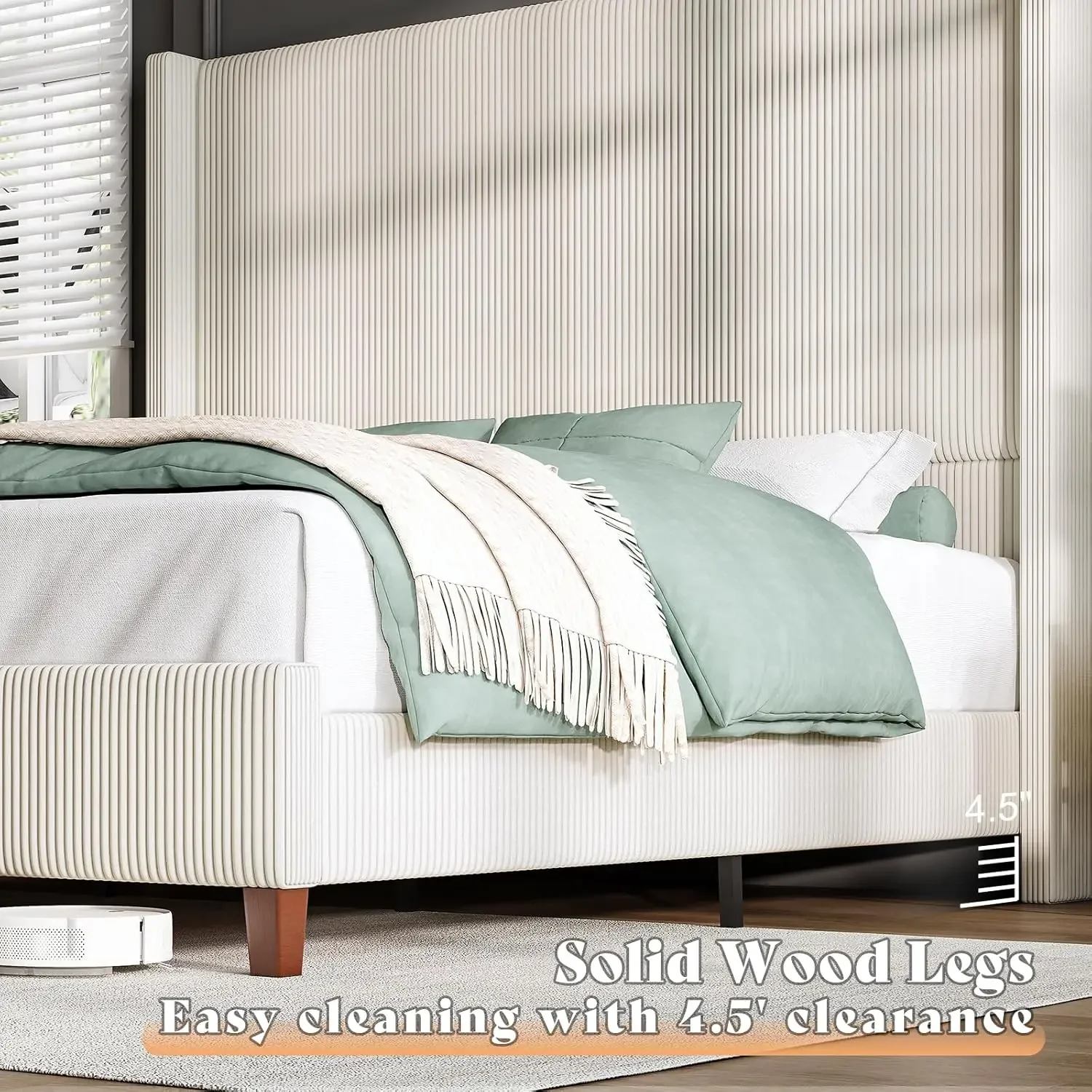 Queen Size 62" Corduroy Upholstered Bed Frame, Luxurious Platform Bed with Extra Tall Wingback Headboard and Vertical Stripe 6