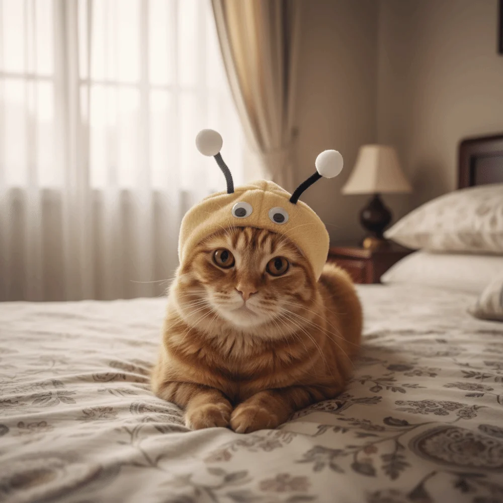 Cute Warm Cat Bee Headdress Adjustable Cat Headwear with Active Eyes Cartoon Cat Decorative Hat Pet Cosplay Show