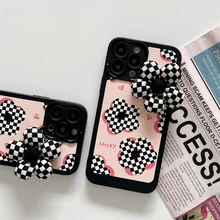 

For iphone 11 12 13 Pro Max X XR Xs Max Phone Case Fashion Three-dimensional Black White checkerboard flowers Anti-fall Cover
