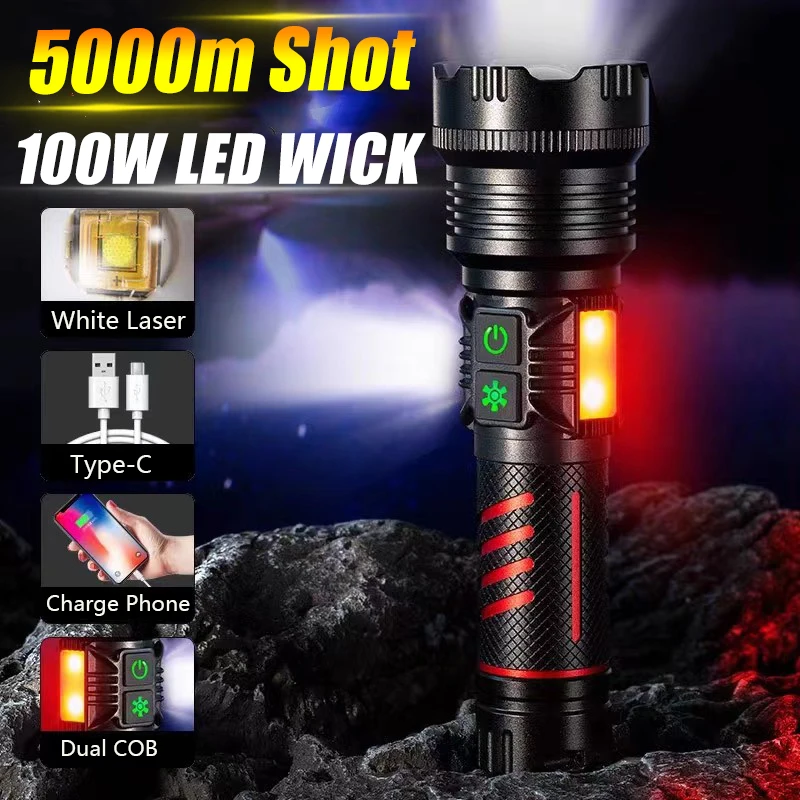 

Super Power LED Flashlight Torch with 100W Wick and Double Side Lights Lighting Distance 5000M Waterproof Tactical Hunting Light