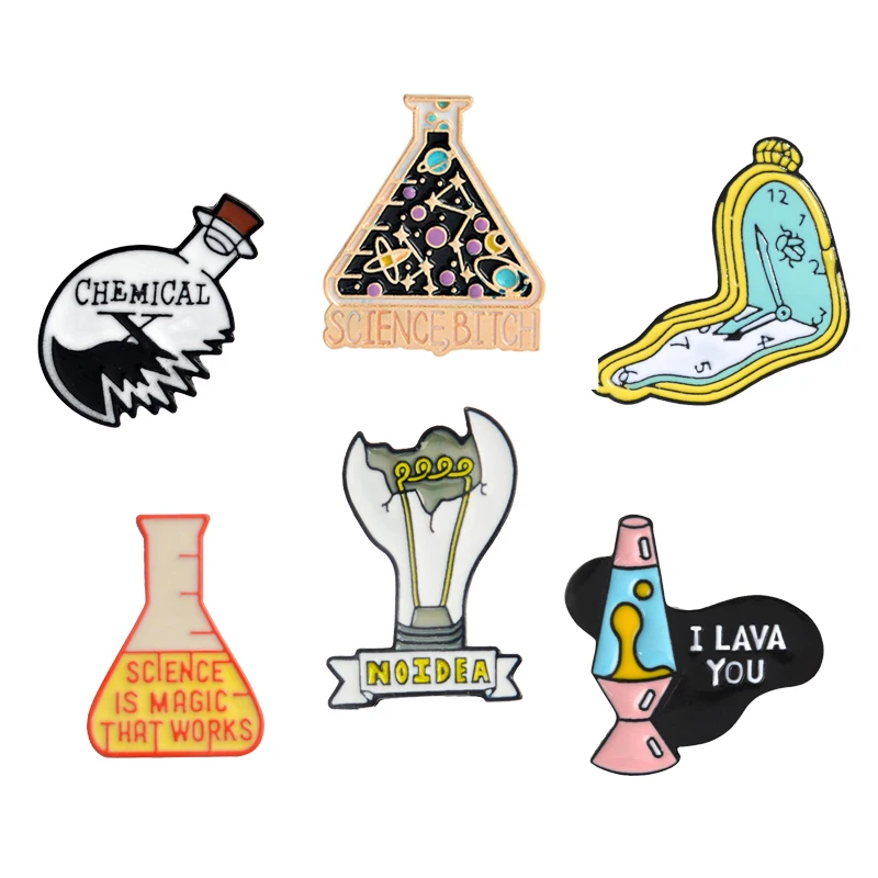 Science Lover Enamel Pins Chemical Beaker Light bulb Alarm clock Lava lamp Brooches Scientist Lapel Pin Badge Gift for Student | Украшения