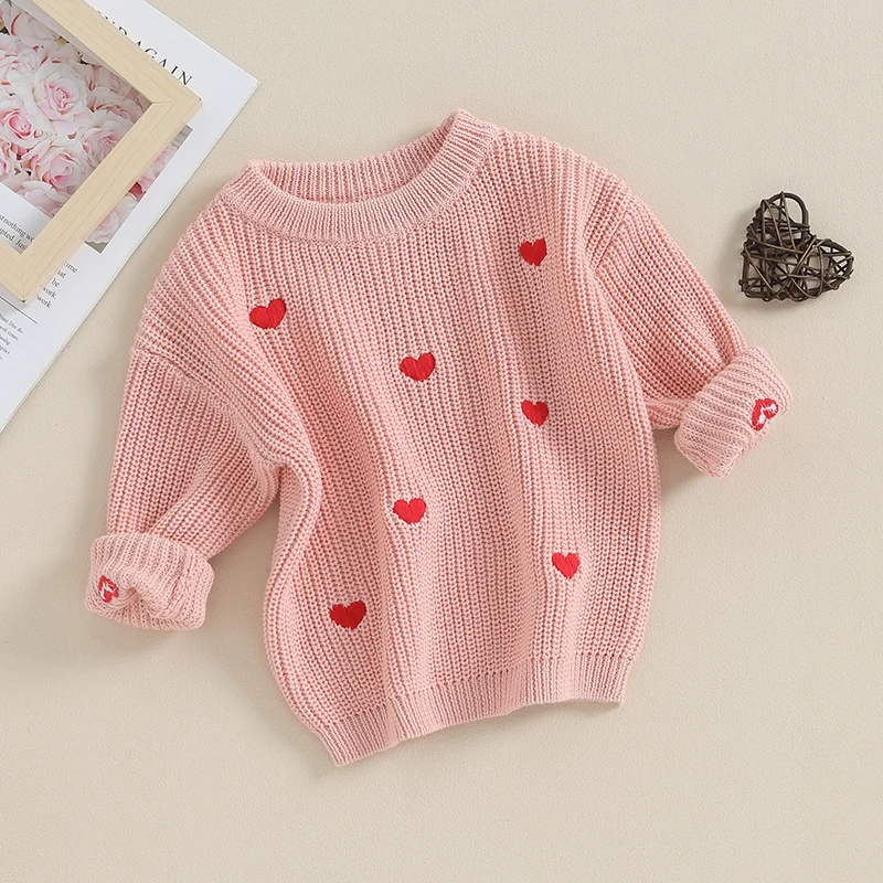 -10-12 Lioraitiin 0-18M Baby Girl Knit Sweater Love Heart Embroidery Sweatshirt Pullover Tops Infant Valentine's Day Clothes baby girls sweater
