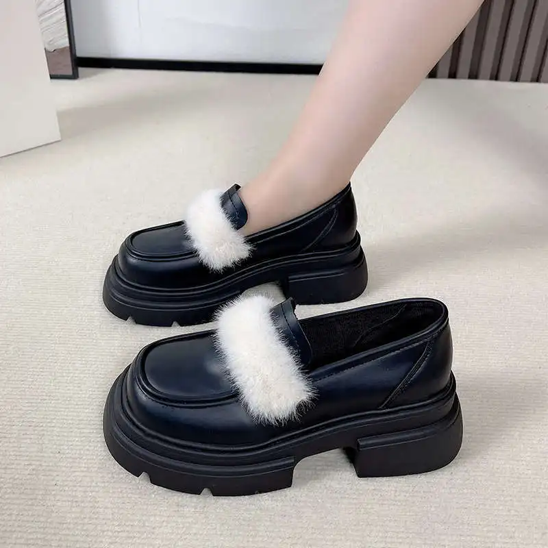 Round Toe Loers Fur Shoes Woman Flats Casual Female Sneakers Slip-on British Style Oxfords Clogs Platform Dress On Heels Slip