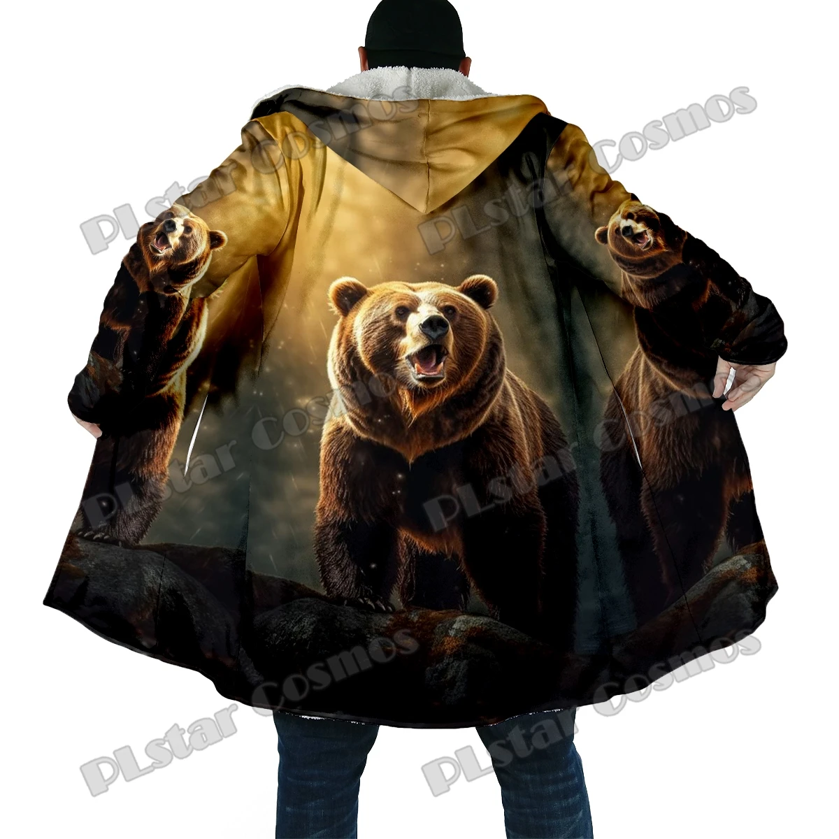 Winter Fashion Men's cloak Animal Bear & Raccoon Pattern 3D Printed Thick Fleece Hooded Cloak Unisex Casual Warm Cape Coat DP71