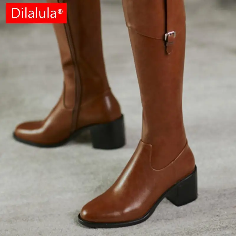 

Dilalula Vintage Side Zipper Knee High Boots Women Newest Genuine Leather High Heels Shoes Woman Party Basic Women's Boot