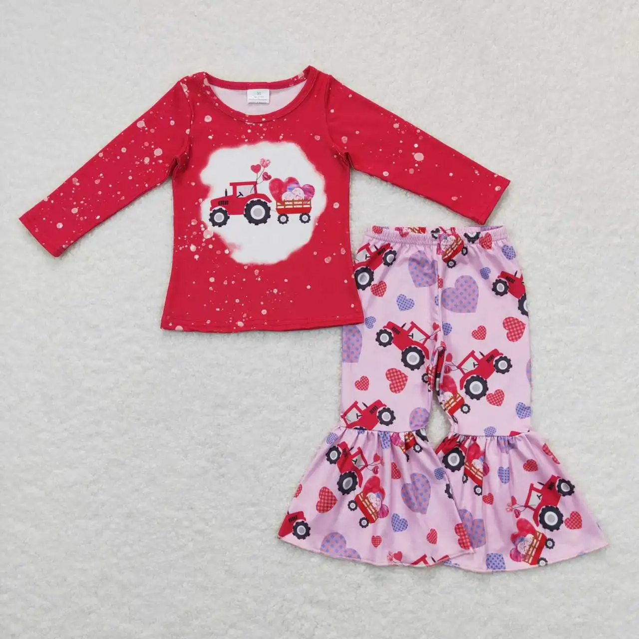 

wholesale hot sale Valentine's Day plaid love truck tractor Red long sleeve pink pantsuit for baby girls clothes