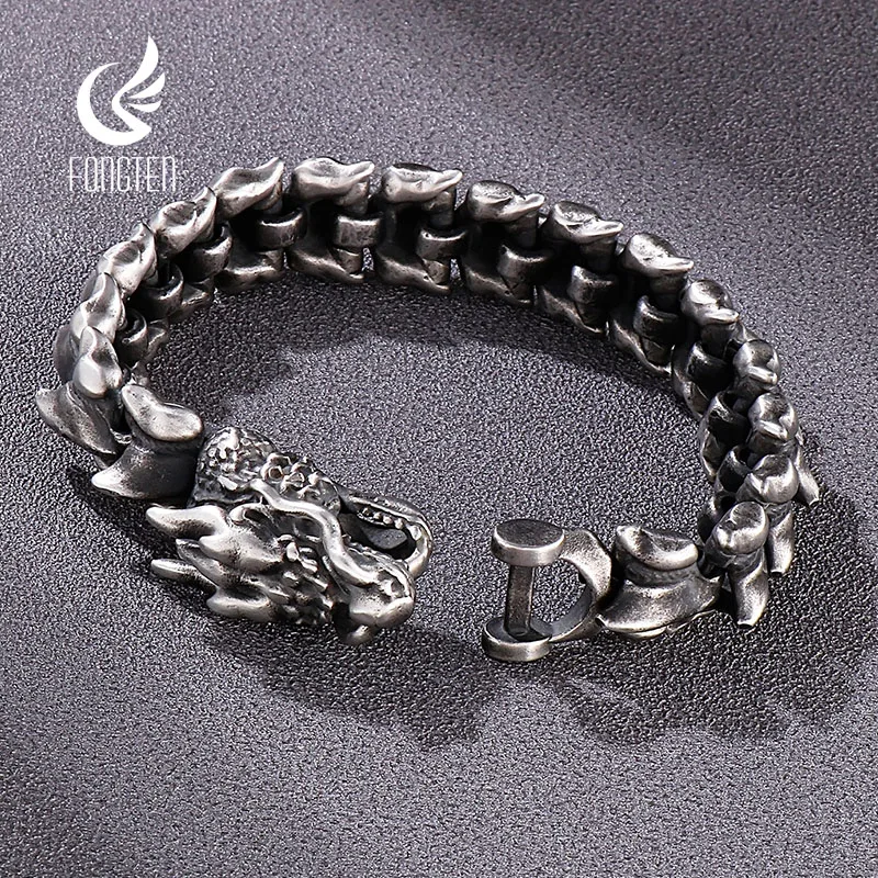 Fongten 21cm Dragon Charm Bracelet For Men Stainless Steel Bone Chain Bangle Bracelets Silver Color Male Gothic Jewelry