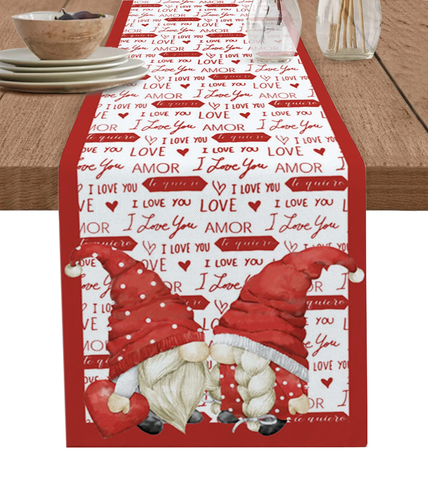 

Valentine'S Day Dwarf Love Watercolor Linen Table Runner Kitchen Table Decoration Dining Tablecloth Wedding Party Decor