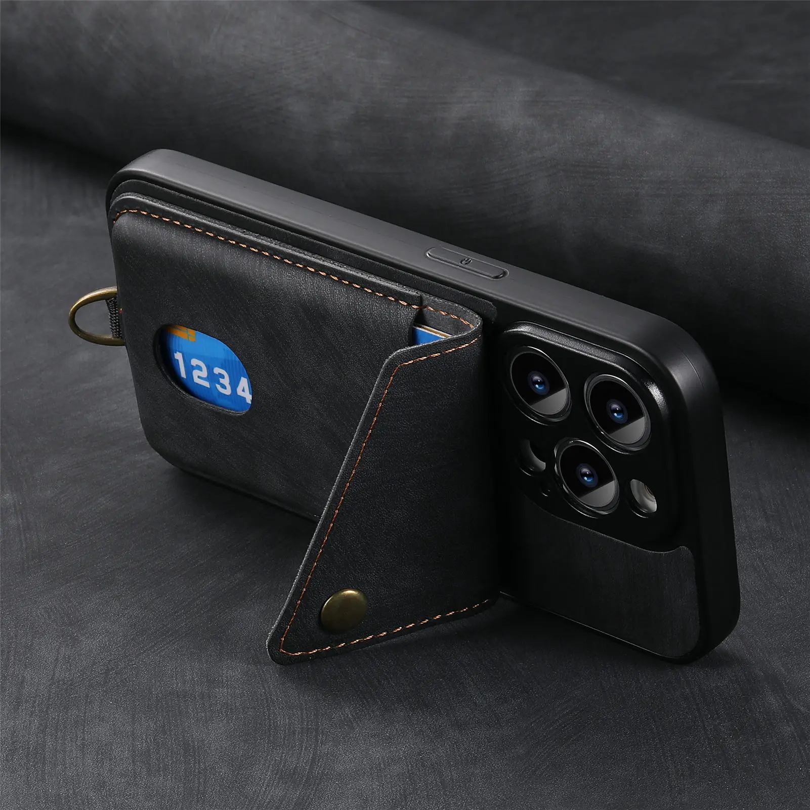 PU Leather Flip Wallet Card Holder Case with Stand, Lanyard, and Shockproof Bumper Cover