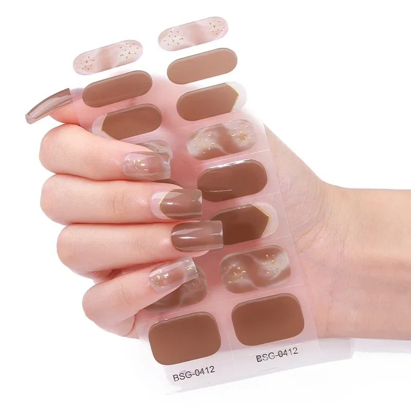 16Tips Pure White/Black/Nude Semi Cured Gel Nail Stickers Long-lasting Cream Nail Strips Patch Slider UV Lamp Cured Decal