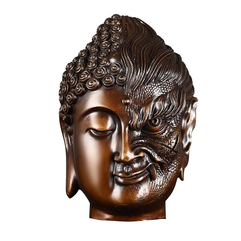 Half Buddha Half Demon Brass Statue, One Thought Between God & Evil Head Sculpture, Abstract Zen Art for Home Desk Decor