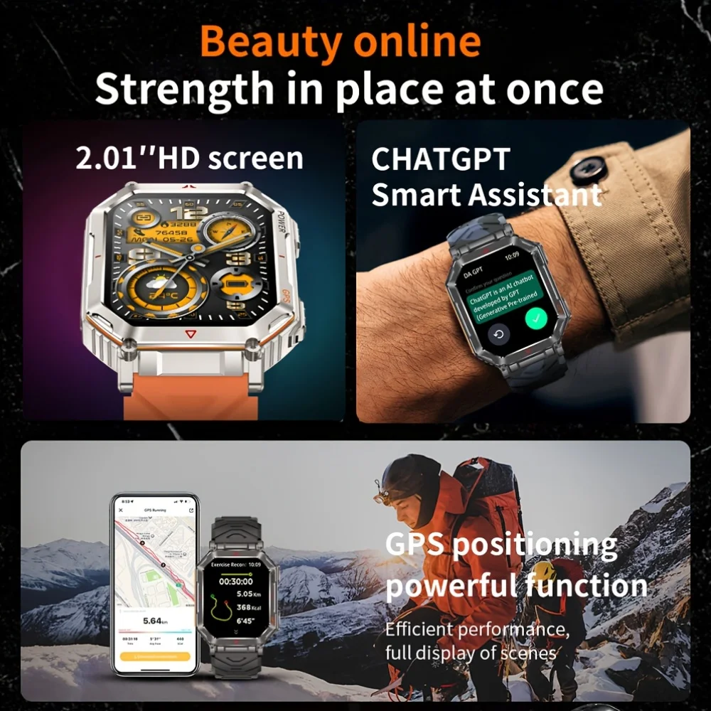 2026 New Men GPS Sports Smart Watch 2.01'' AMOLED Compass Heart Rate 400mAh Battery Bluetooth Call 10ATM Waterproof Smartwatch 2