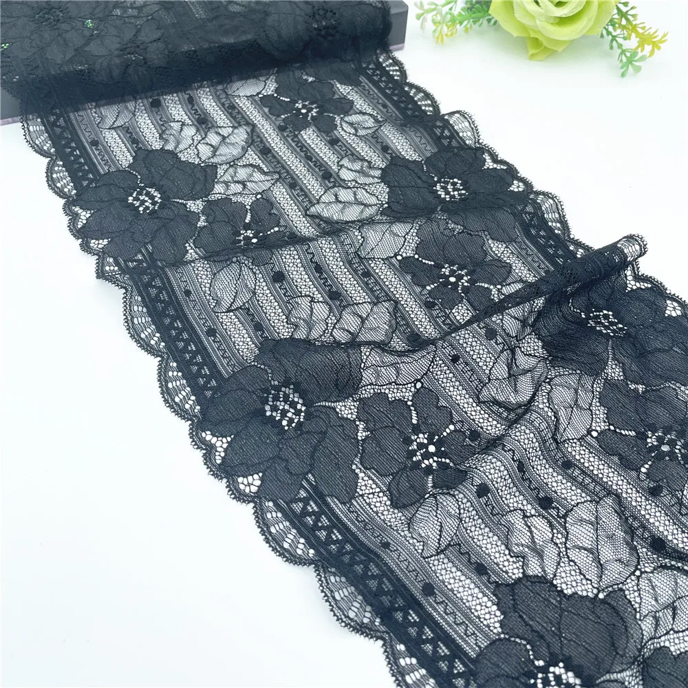 3y/lot 19.50cm Black Floral Elastic Stretch Lace Trim 3