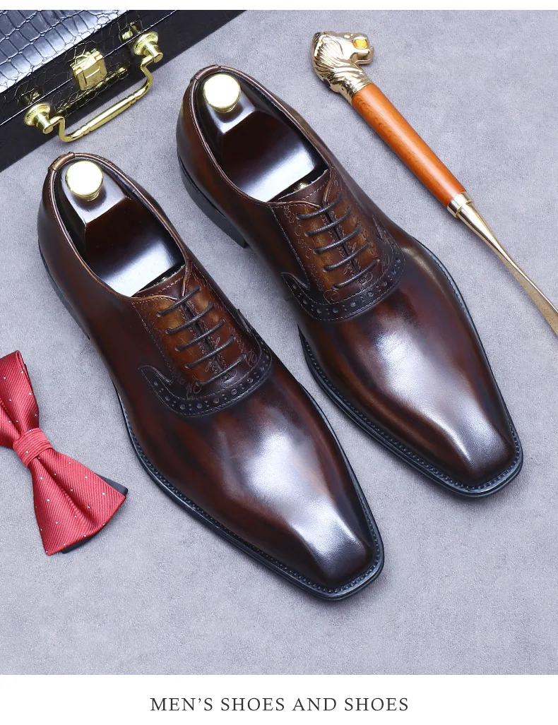 Men's pointy leather shoes, wedding groom, Bullock carved men's shoes, business suit, style Oxford, size 46
