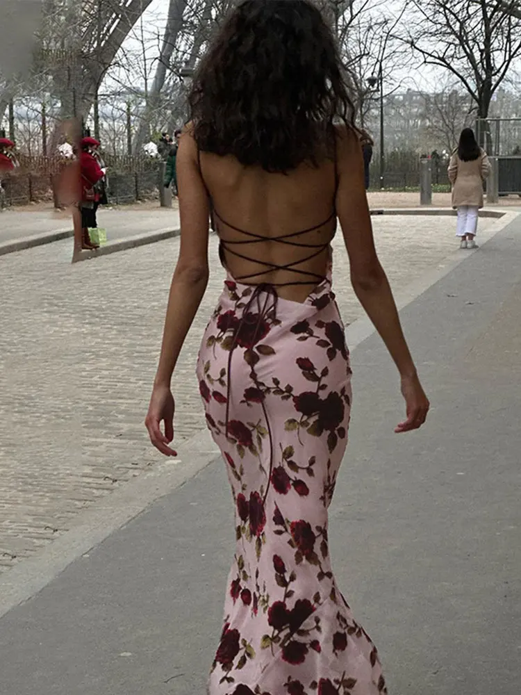 

Sexy Rose Print Spaghetti Strap Dress Women Fashion Strapless Long Dresses 2023 Summer New Chic Female Streetwear