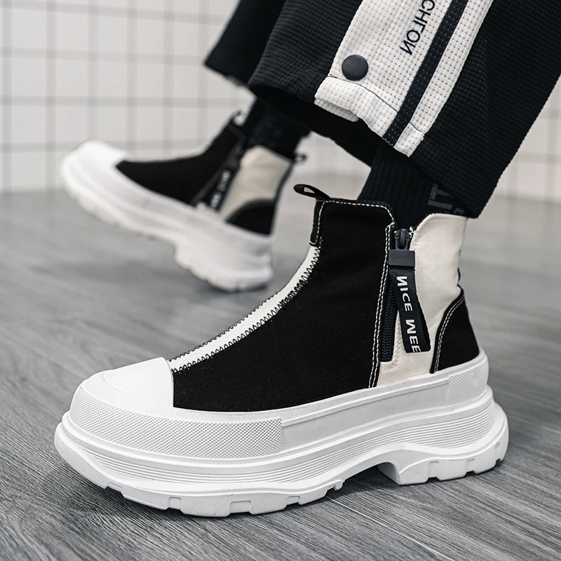 

Men's Casual Sneakers 7cm Elevator Canvas Shoes Platform Ankle Boots High-top Zip Patchwork Sneakers Male Breathable Sport Shoes