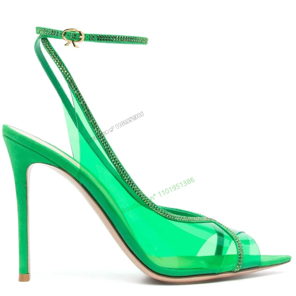 

Green Clear PVC Crystal Sandals Thin Heel Shoes for Women High Heels Pointed Toe Wedding Shoes 2023 New Zapatos Para Mujere