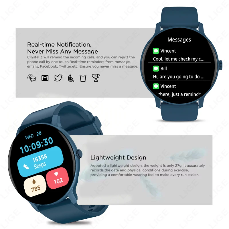 LIGE Nuovo Smartwatch per Uomo e Donna, Compatibile con Android e iOS, Schermo HD da 1,26'', Chiamate Bluetooth, Monitoraggio Ossigeno nel Sangue e Pressione Sanguigna - immagine 2