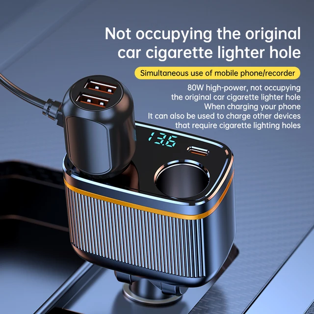 6-in-1 Cigarette Lighter Splitter – 145W USB-C Car Charger, 4-Port PD30W Adapter with Voltage Display for All Car Devices 6