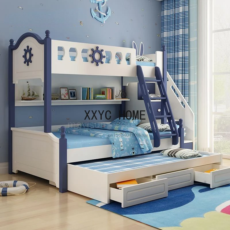 

Nordic Style Modern Small Apartment Home Children's Two-Layer Bed With Drawers Convertible Combination Kid’s Wood Bunk Bed Boys