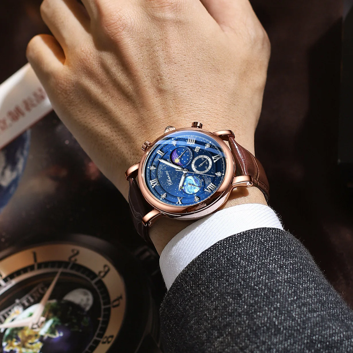 Top Brand Men's Watch Luxury Genuine Leather Chronograph Calendar Business Casual Waterproof Quartz Wristwatch for Men Gift