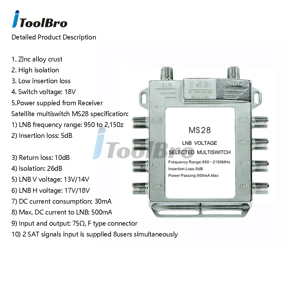 2입력 8출력 위성스위치 LNB 전압 선택 멀티스위치 분배기 950-2150MHz 13V 18V (중국 위