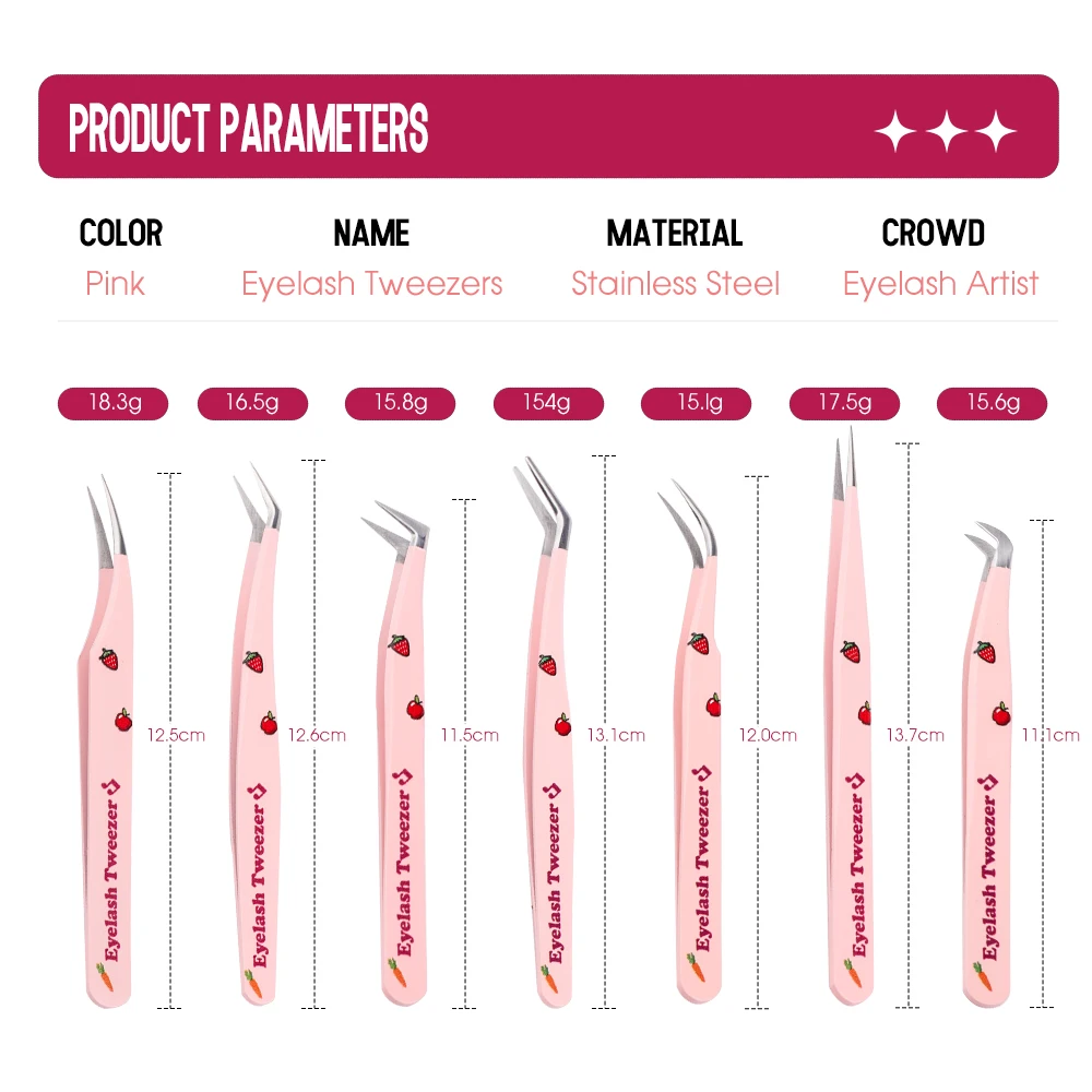 Eyelash Tweezers Pink Strawberry Stainless Steel Superhard Tweezers For Lash Extension High Precision Anti-Static Makeup Tweezer 2