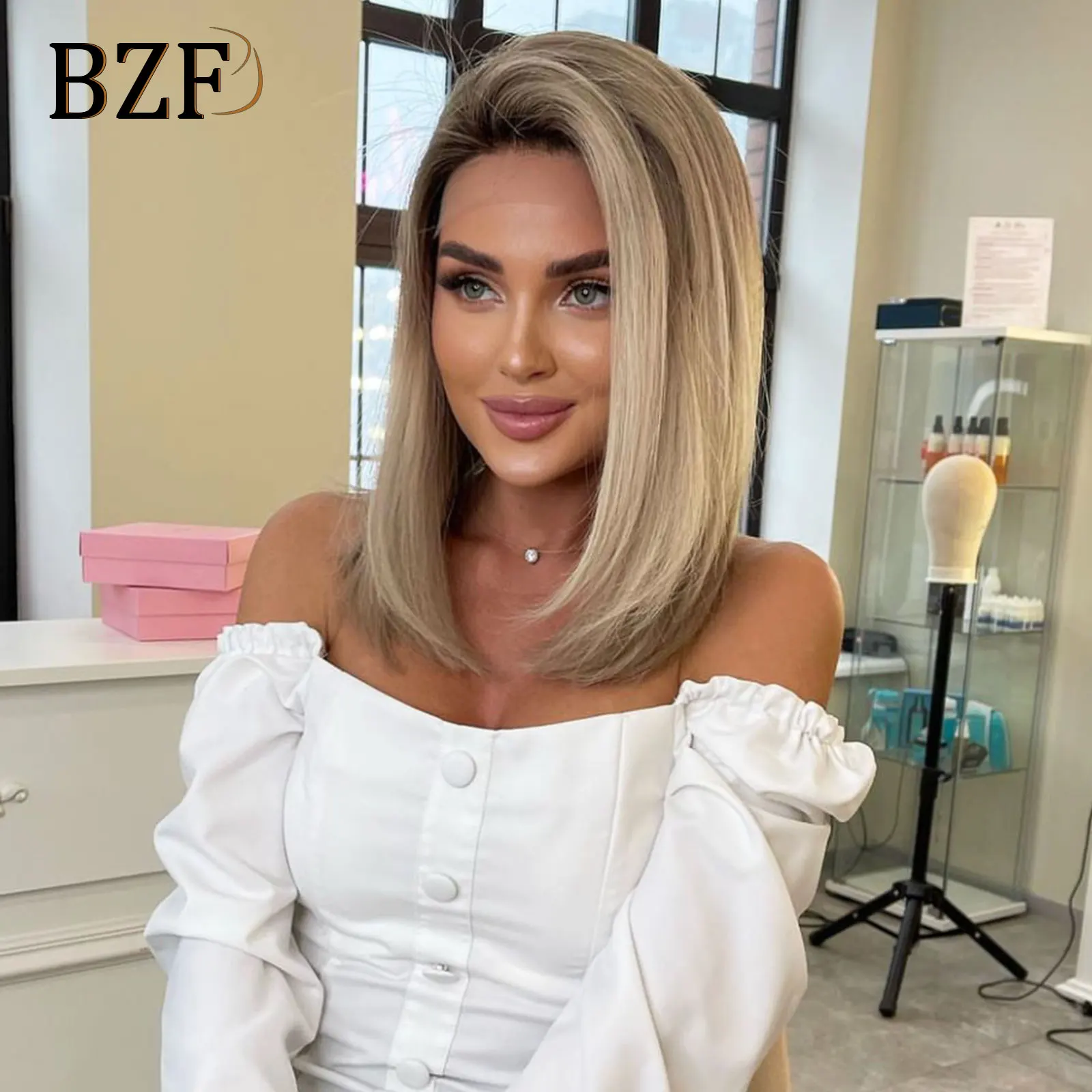 Synthetic Wig 12Inch Blonde Highlight Short Bob Wigs Dark Roots Lace Front Colored Straight Blonde For Women Daily Use