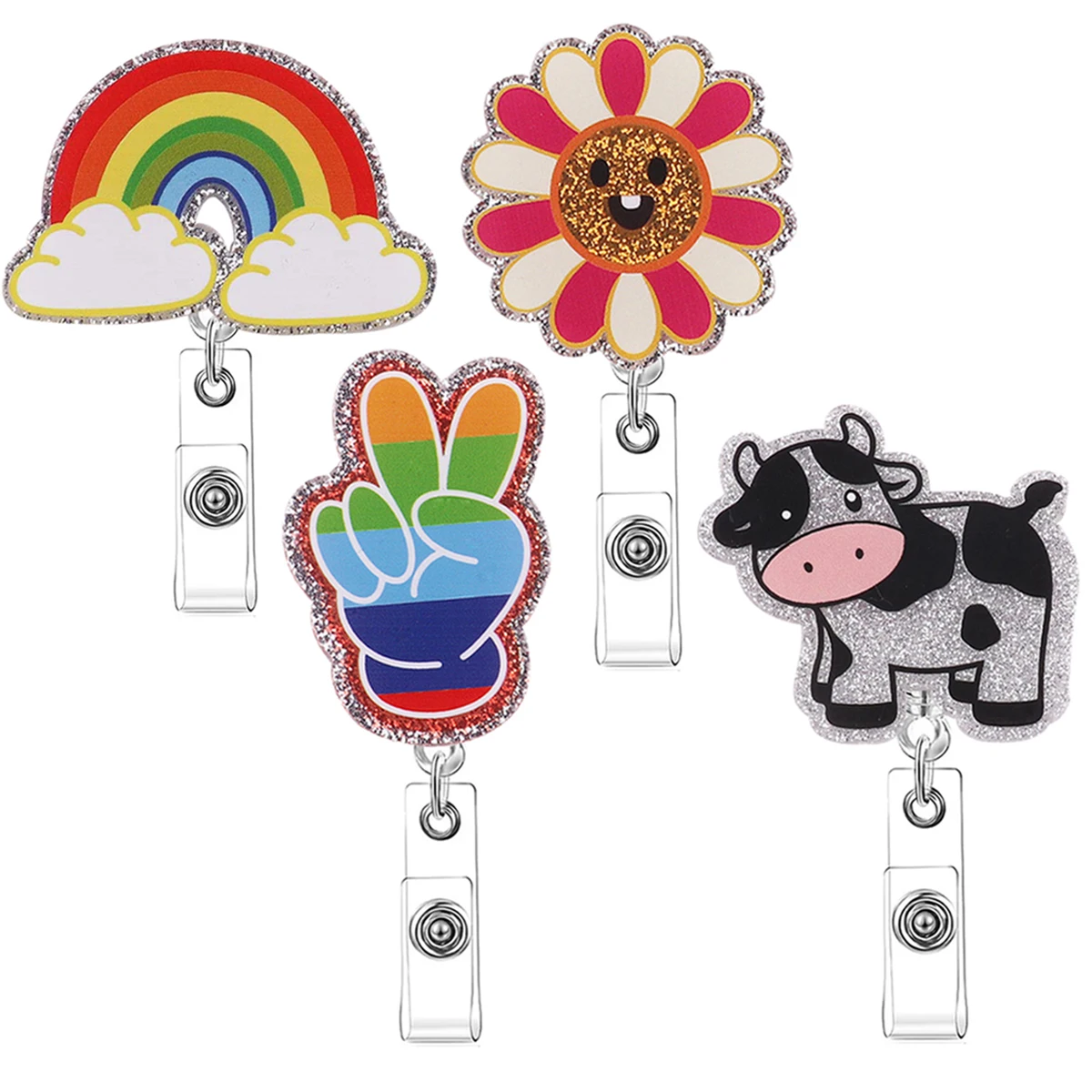 Rainbow Retractable Badge Reel with Alligator Clip Cute Acrylic ID Card Badge Holder Funny Glitter Badge Reels for Worker Nurse new cute owl flowers nurse doctor hospital badge reel retractable id badge holder with 360 rotating alligator clip name holder