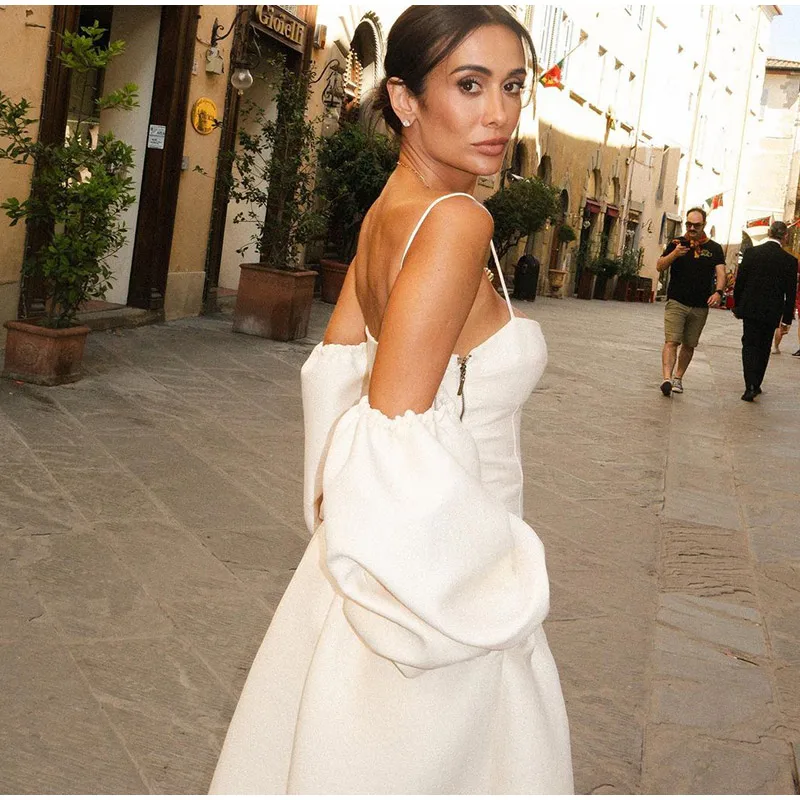 Elegant Puff Sleeve Sling Dresses Women Retro White Slim Fit Tube Dress Female Autumn Summer Versatile Street Party Evening