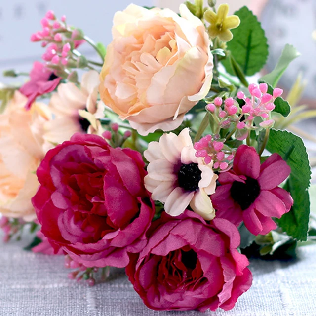 Bouquet de fleurs de pivoine artificielles en soie, accessoires de couronnes de bébé, fausses fleurs de marguerite, décoration de maison de mariage, décoration de salle de fête 3
