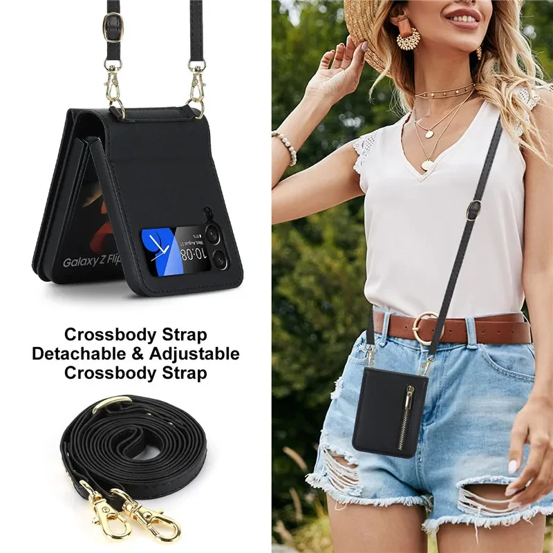 For Funda Samsung Galaxy Z Flip 6 5 4 3 Case Luxury Card Slot Phone Holder Zipper Wallet Crossbody Cover Folding Case Coque_voghion.com