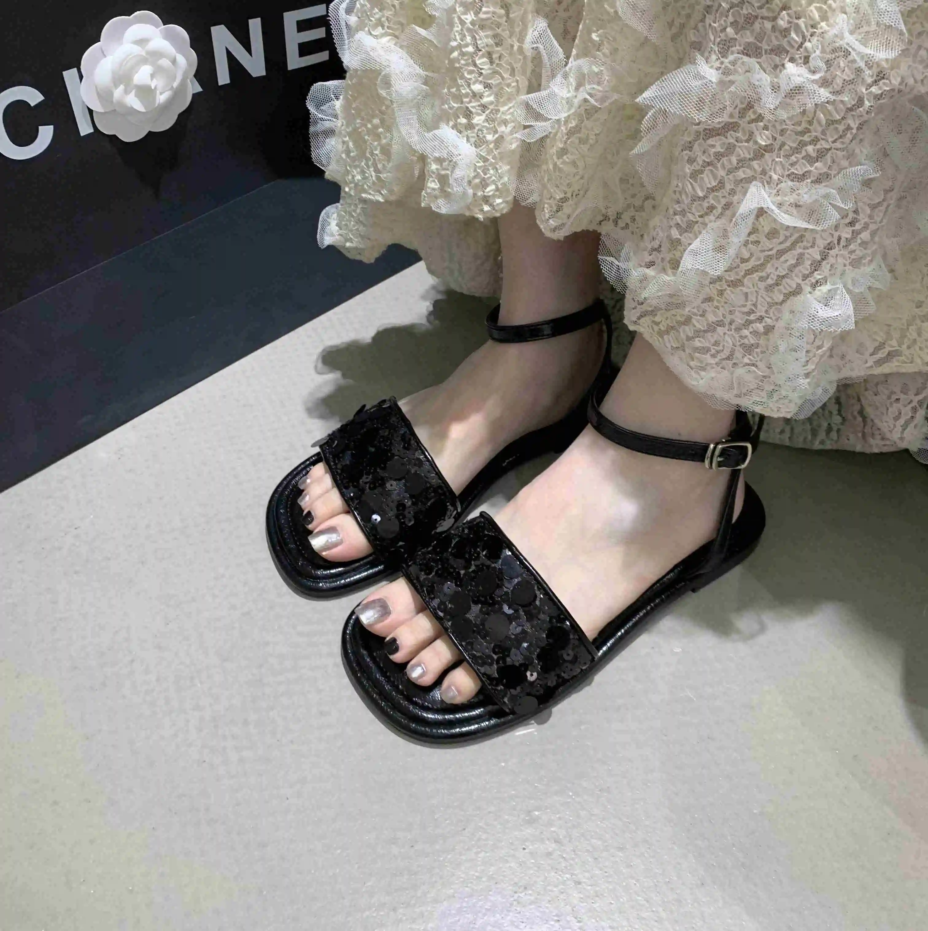 Women's Flat Slip On Sandal With Ankle Strap Crystal Rhinestone Comfort Summer Shoes