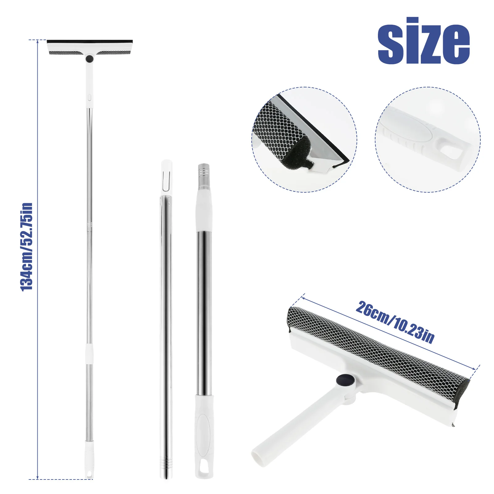 53 Inch Window Cleaner 2-in-1 Sponge Squeegee & Scrubber 180-Degree Rotatable Extendable Outdoor For Glass Mirror