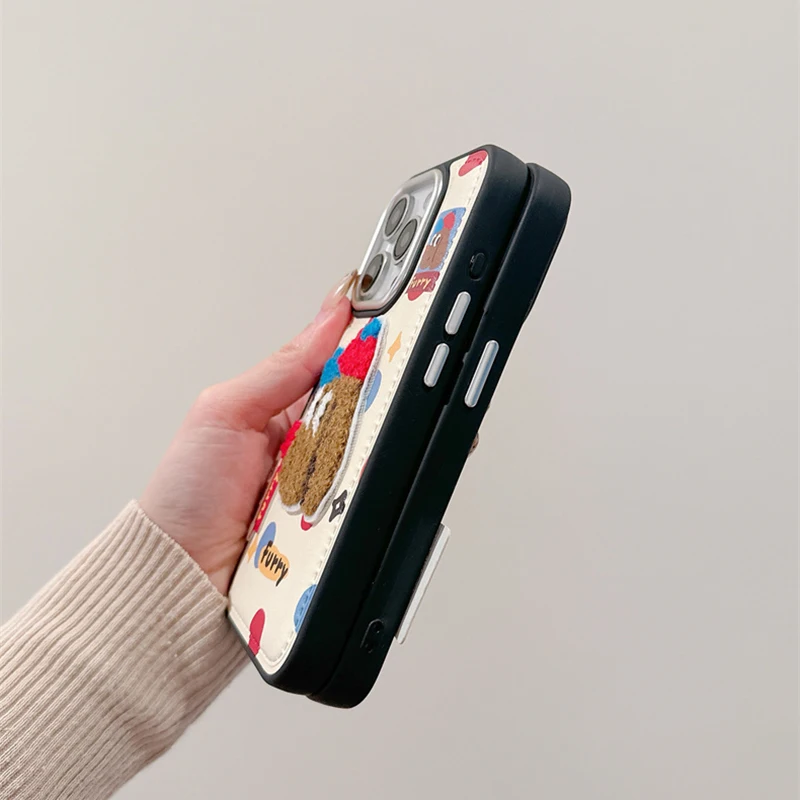 Cute Cartoon Embroidery Bear Dog Leather Case For iPhone 13 14 15 16 Pro Max Lovely Soft Silicone Phone Cover