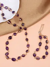  Natural Purple Stone Amethysts Quartz Crystal Necklace Bracelet Set with Gold Plated Metal for Women Jewelry 