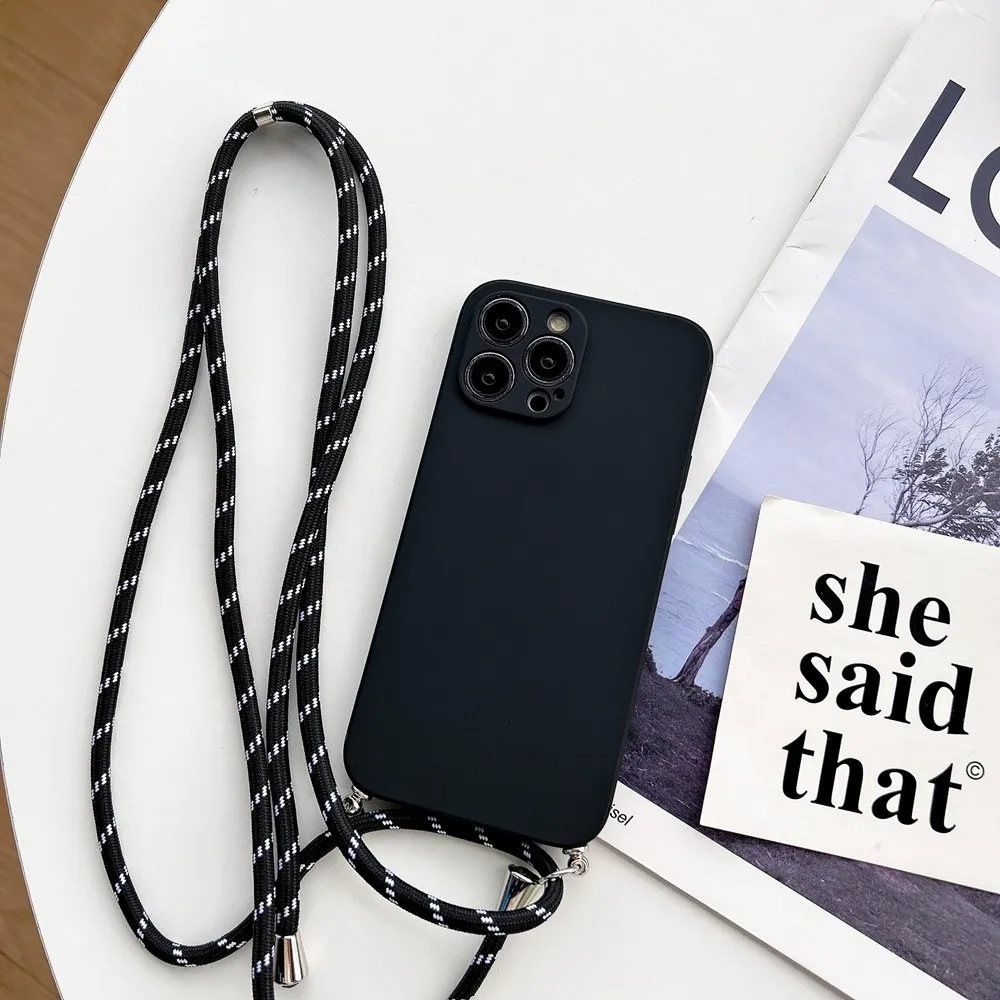 Simple Crossbody Lanyard Silicone Case For iPhone 15 11 12 13 14 Pro Max XR X XS 7 8 Plus Cord Rope Necklace Strap Soft Cover images - 6