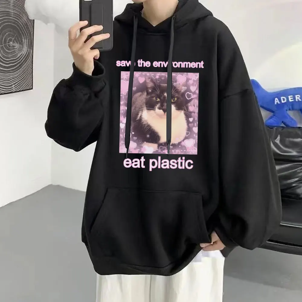 

Save The Environment Eat Plastic Funny Cat Hoodies Men Women Fashion Graphic Long Sleeve Loose Fleece Sweatshirt Streetwear Y2k