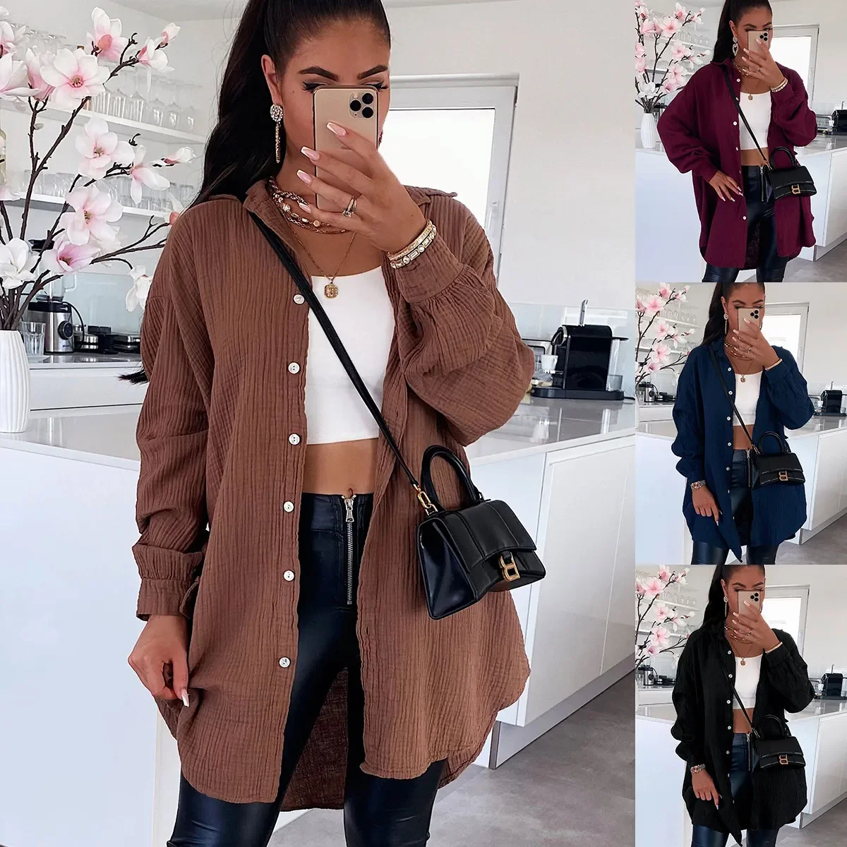 

2023 New Women Solid Color Clothes Button Women Shirt Loose Style Blouse Cotton Women Autumn Tops 4 Colors