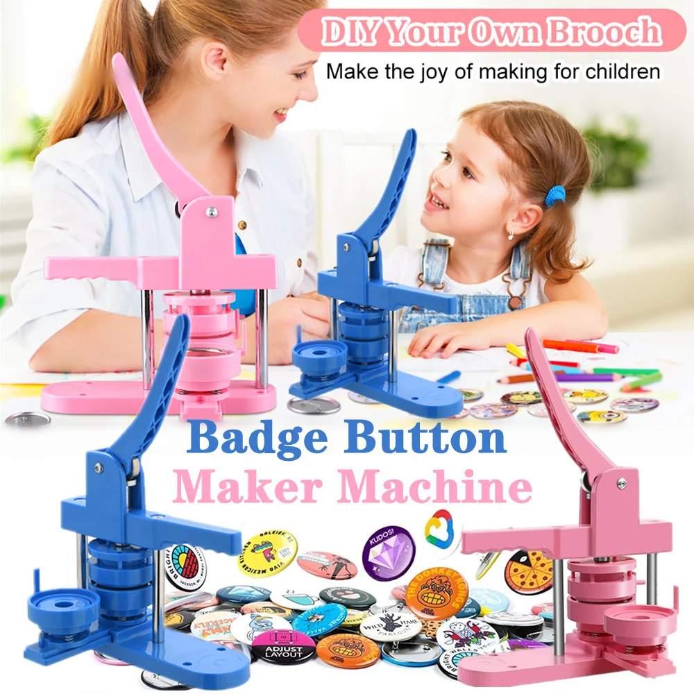 Blue/Pink Badge Button Maker Machine, 25/32/58MM Pin Badge Making Machine, DIY Pin Punch Press for Art Handicrafts Making