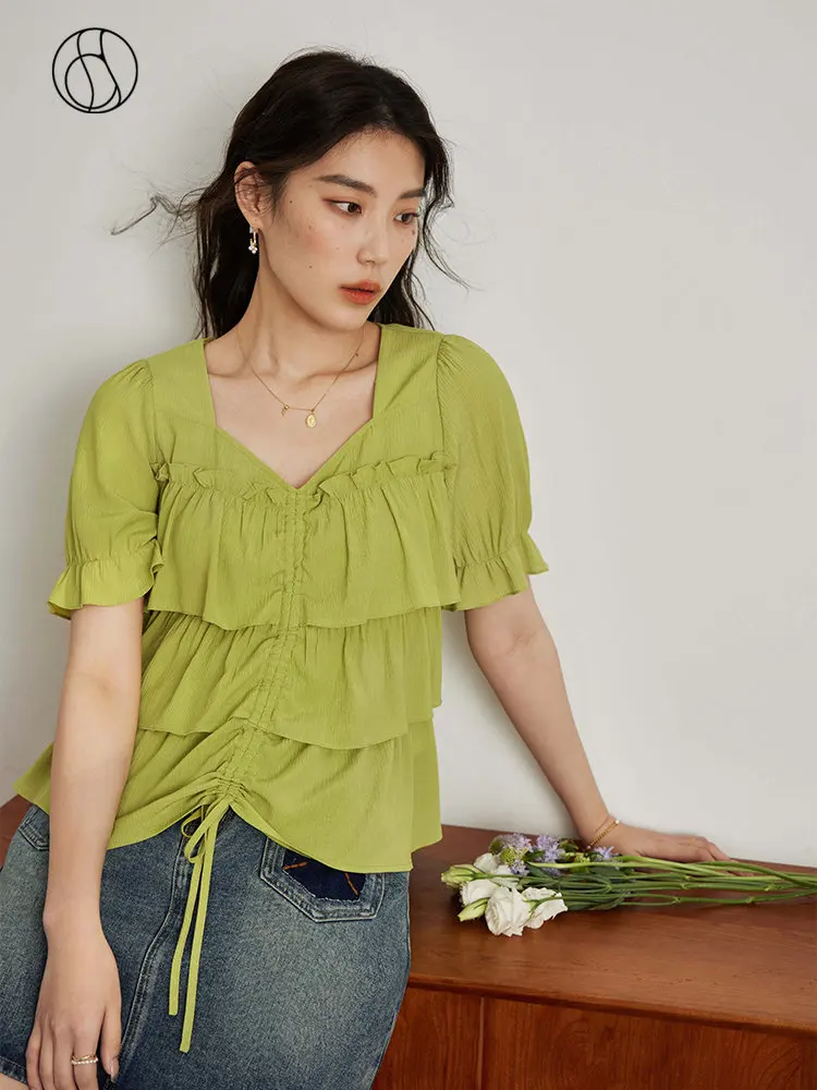 DUSHU Women Square Neck Ruffle Chiffon Shirt Summer Green Thin Short Sleeve Blouses Commuter Casual Pullover Chiffon Shirts 2023 summer jeans women s blue commuter shorts curled thin high waist slim versatile casual a line wide leg shorts