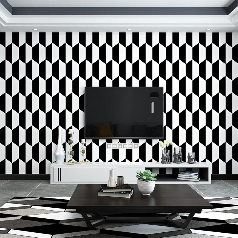 

Black White Wallpaper Modern Square Lattice Geometry Mural Living Room Bedroom Background Diamond Check 3D Wallpaper