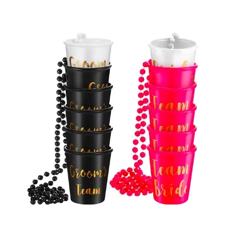

Hot 12pcs Team Bride To Be Cup Plastic Shot Glasses Necklace Beads Drinking Cups For Wedding Bridal Shower Hen Party Decoration