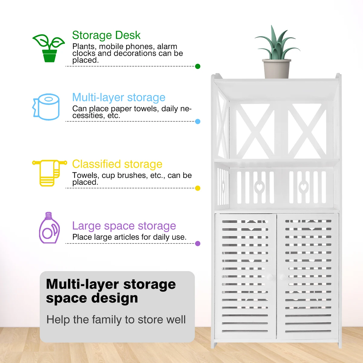 Bathroom Floor Cabinet,Waterproof FreeStanding Bathroom Storage Unit with Daily Use Layer and Cupboard Double Door,3 Tier PVC — view 4