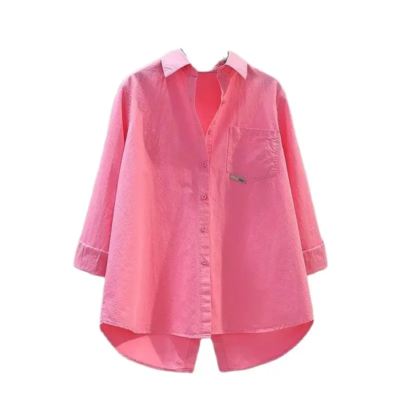 

Design Sense Behind Split rose Pink Cotton Shirts Women's Loose Single-Breasted Shirt 2023 Spring Summer Joker Leisure Blouse